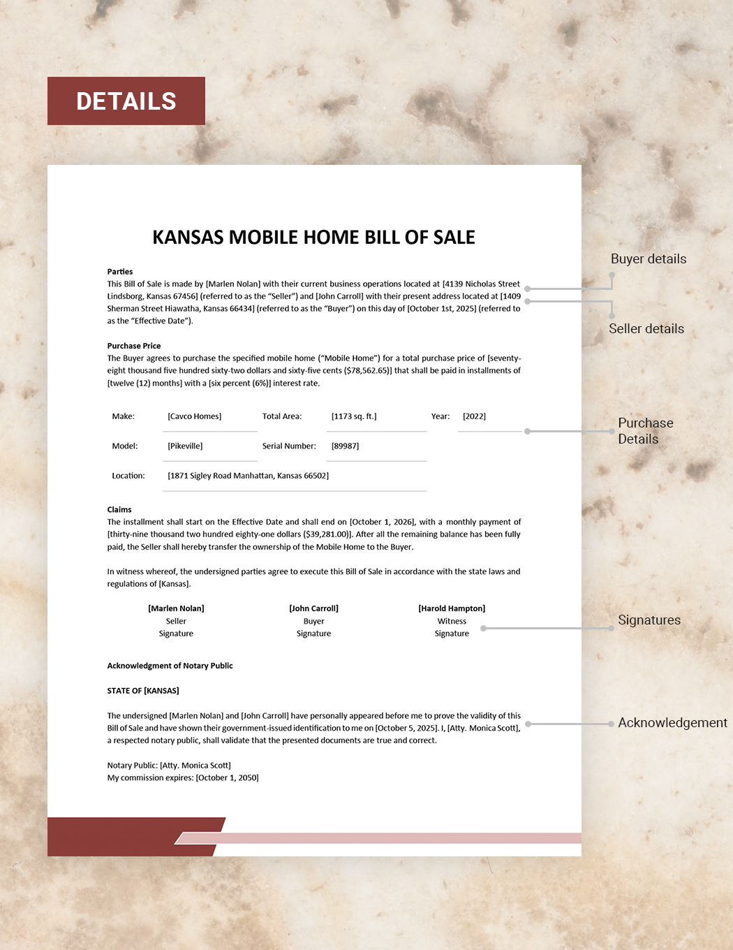 Kansas Mobile Home Bill of Sale Template