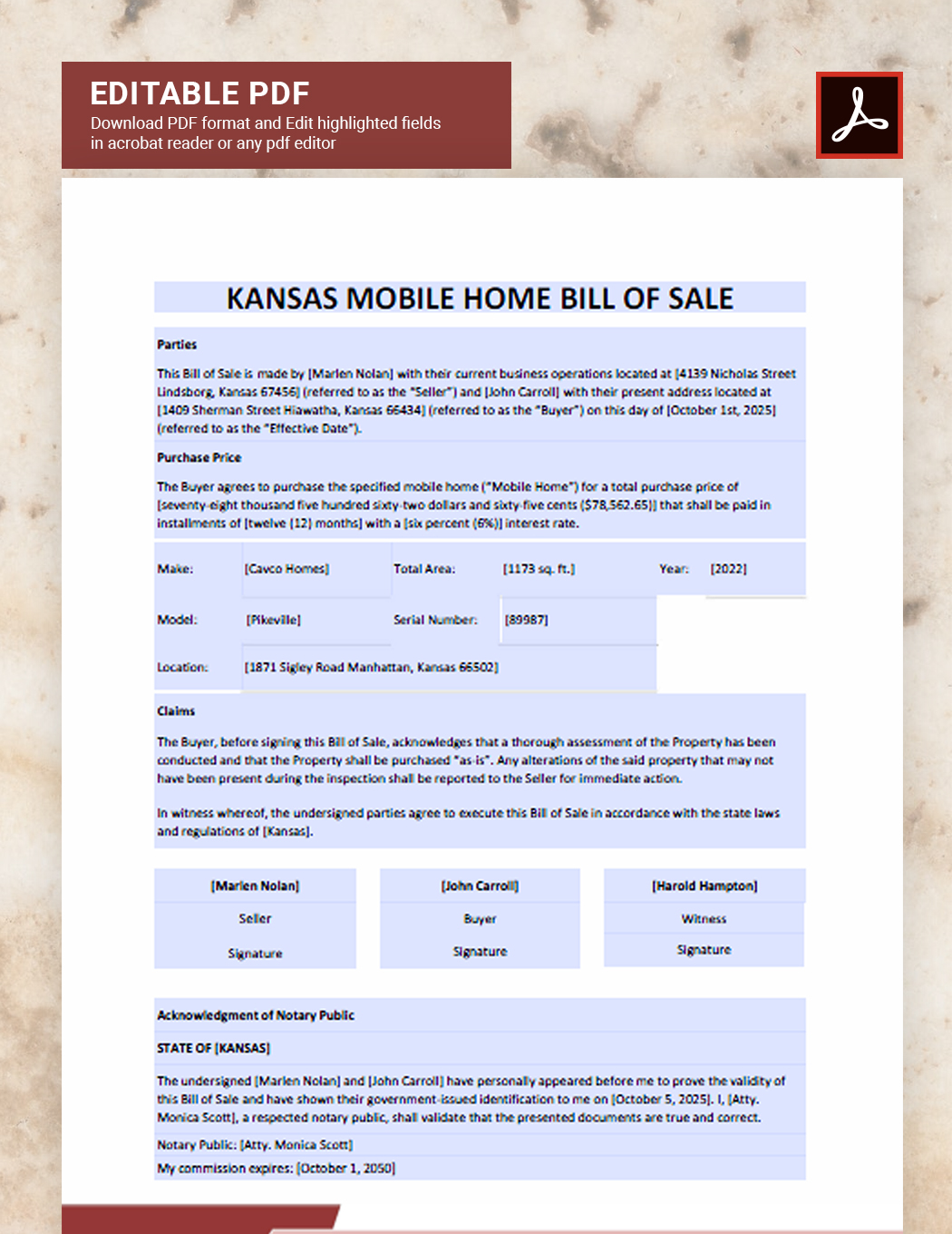 Kansas Mobile Home Bill of Sale Template