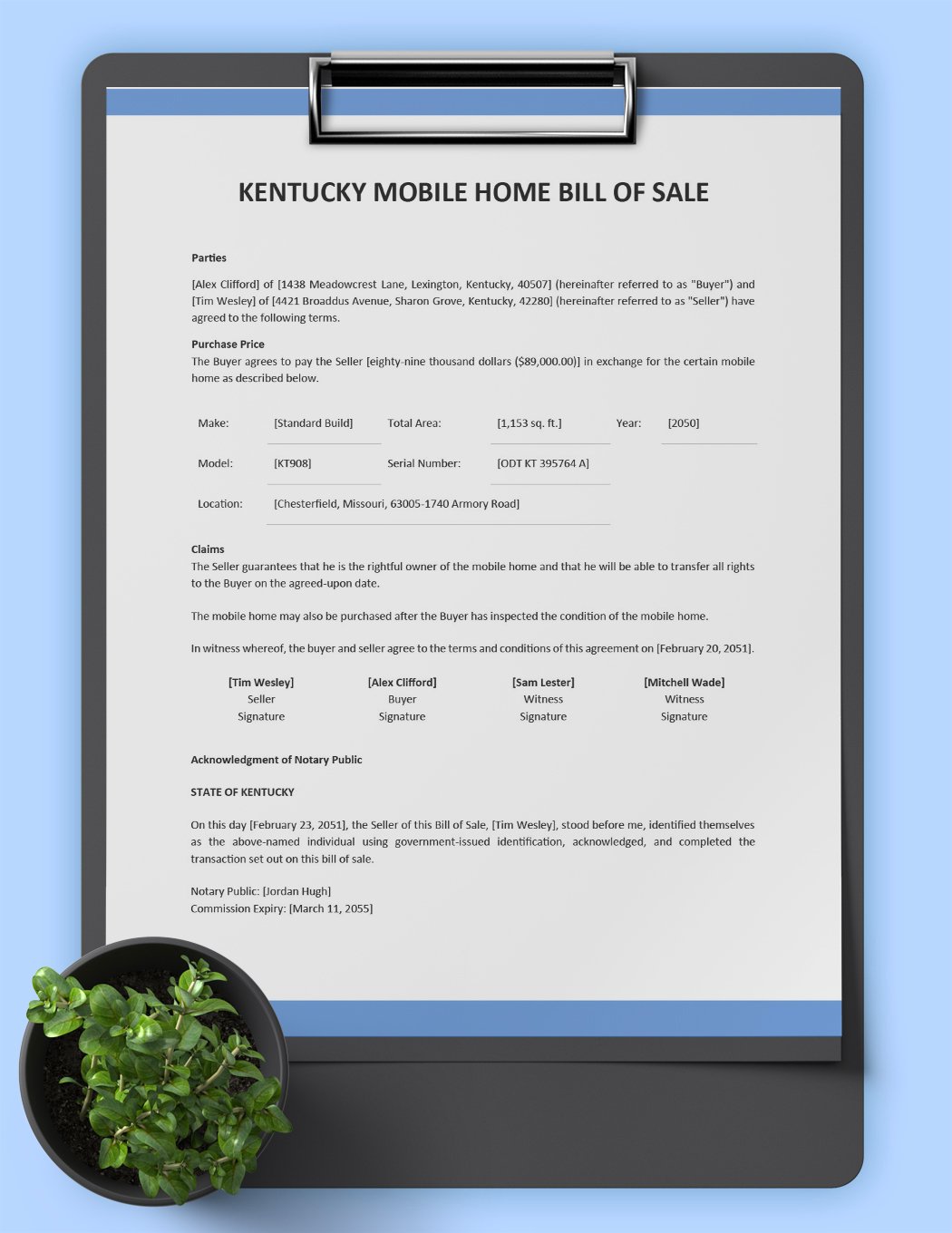 Kentucky Mobile Home Bill of Sale Template