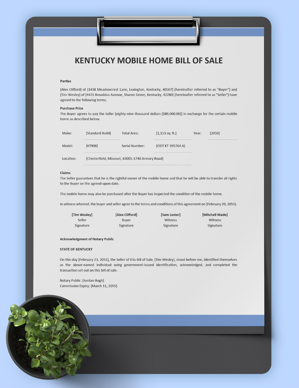 Kentucky Mobile Home Bill Of Sale Template Google Docs Word PDF   Plant 