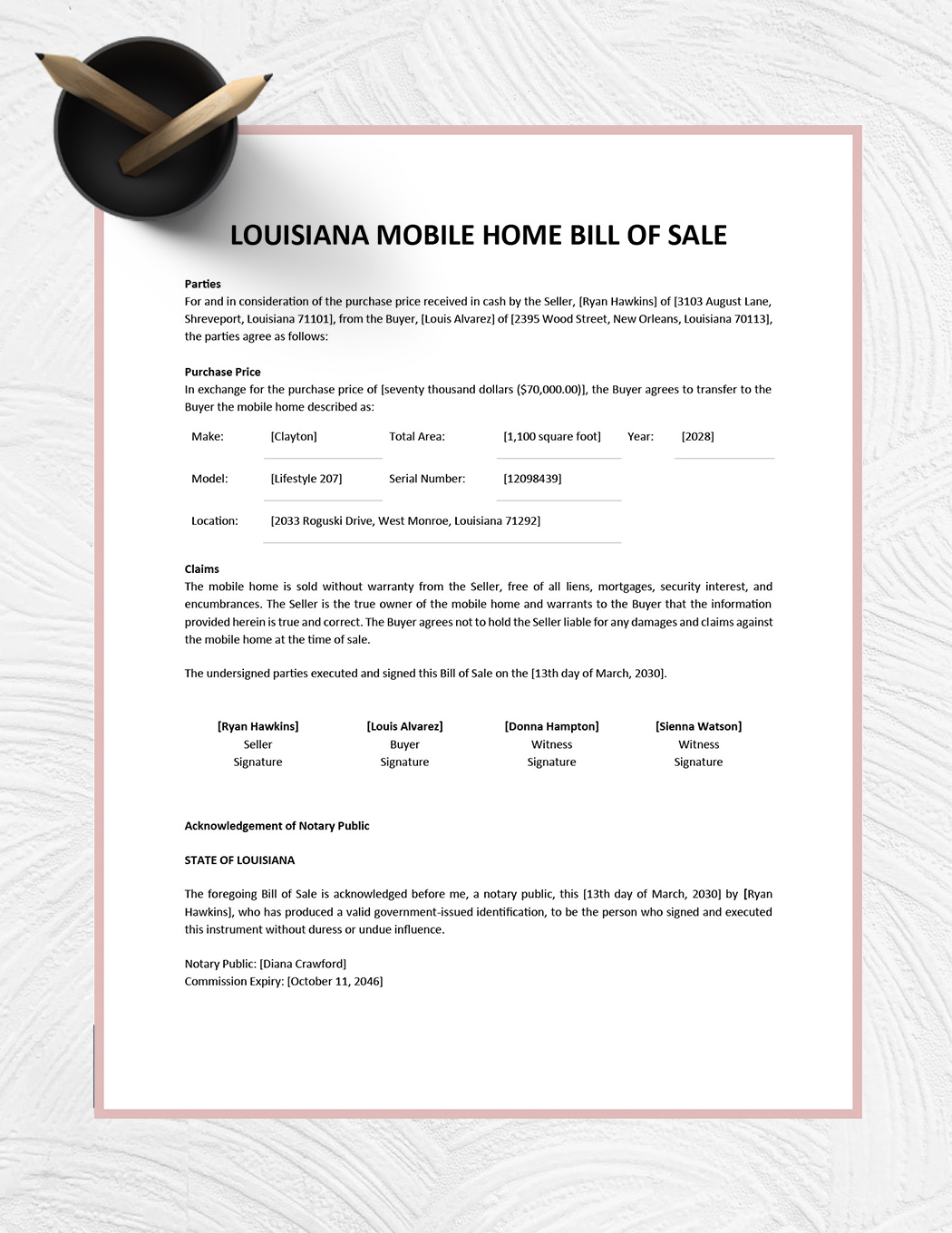 Louisiana Mobile Home Bill of Sale Template