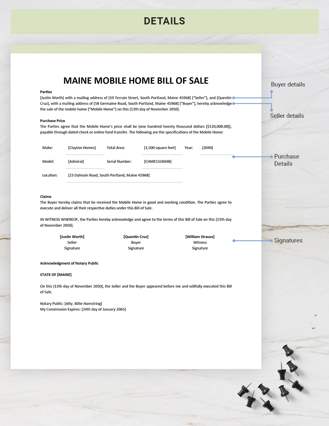Maine Mobile Home Bill of Sale Template