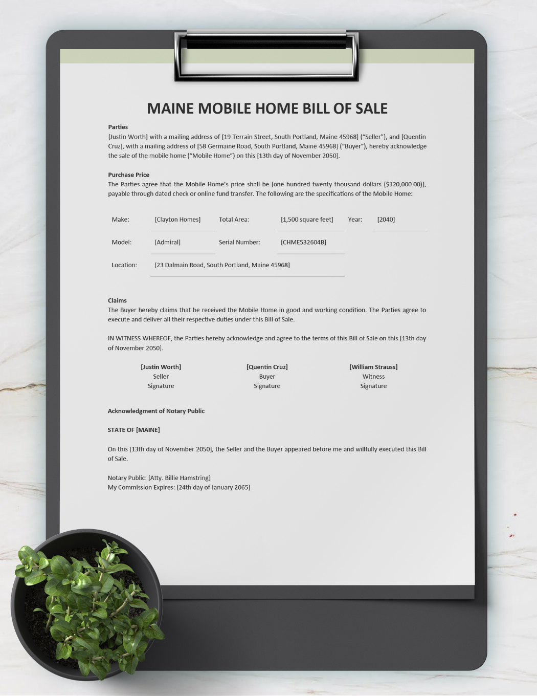Maine Mobile Home Bill of Sale Template