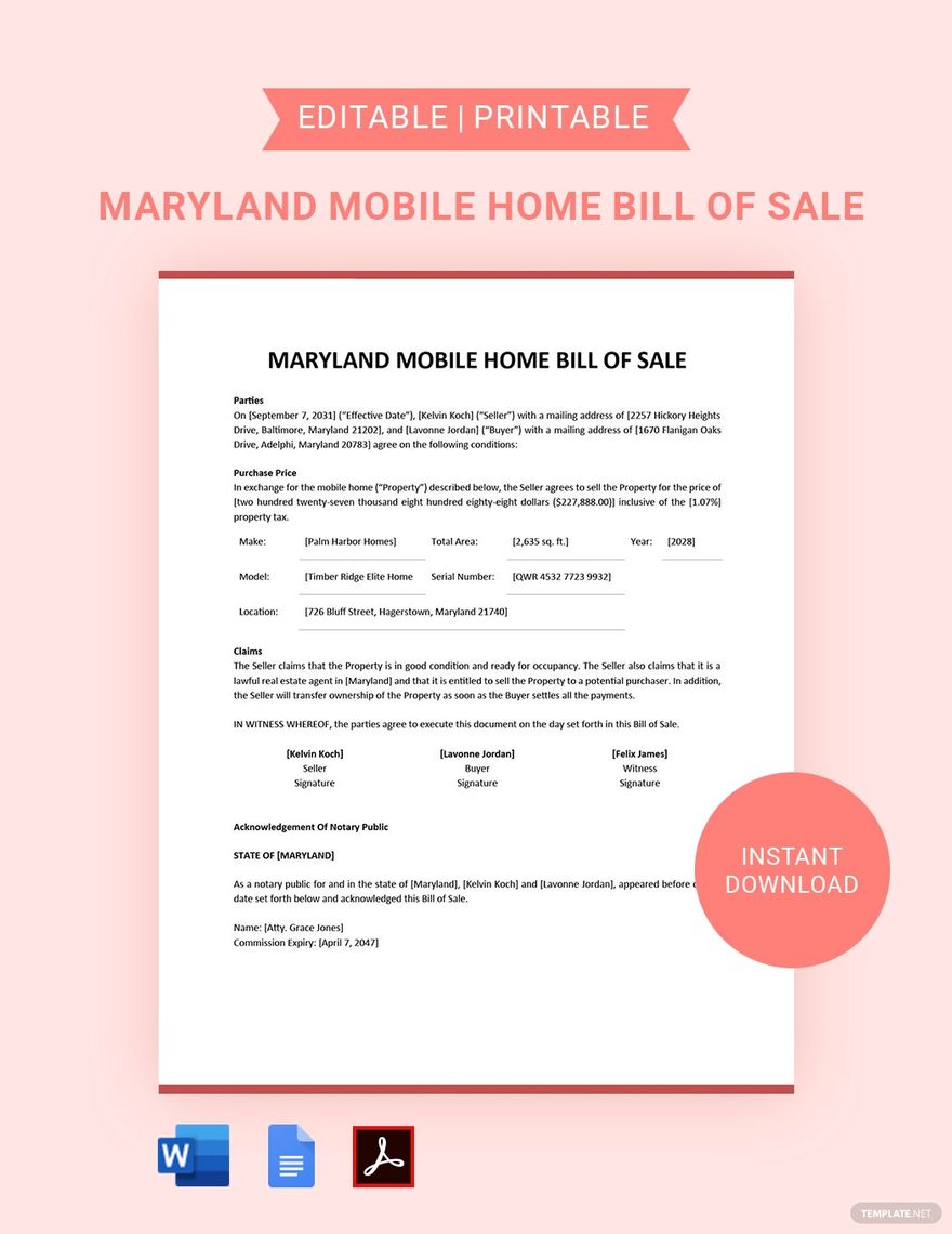 Maryland Mobile Home Bill Of Sale Template