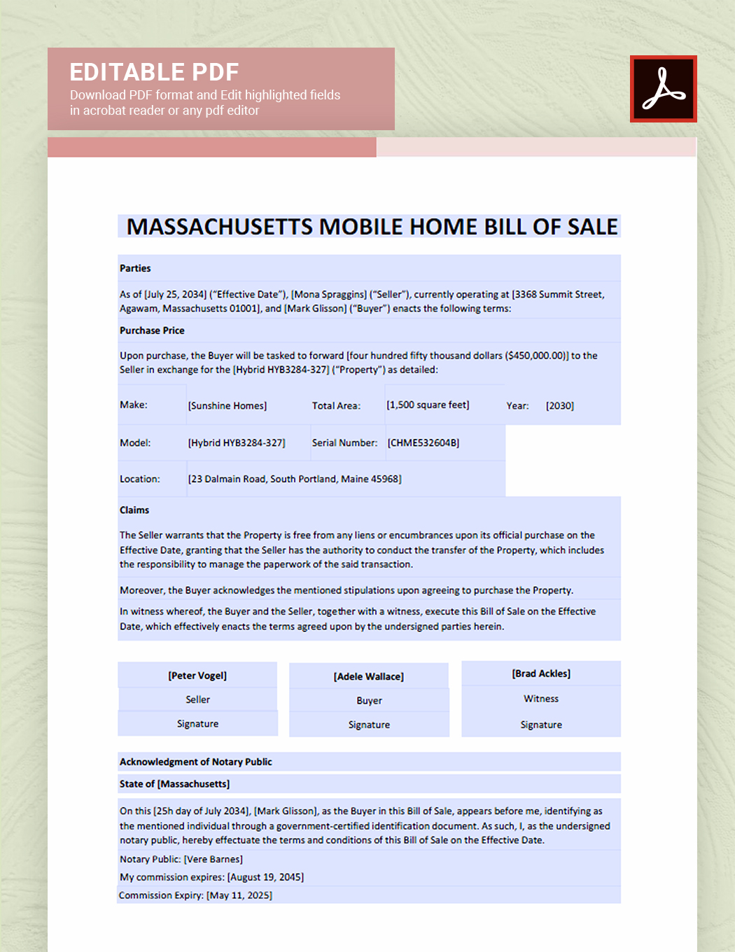Massachusetts Mobile Home Bill of Sale Template