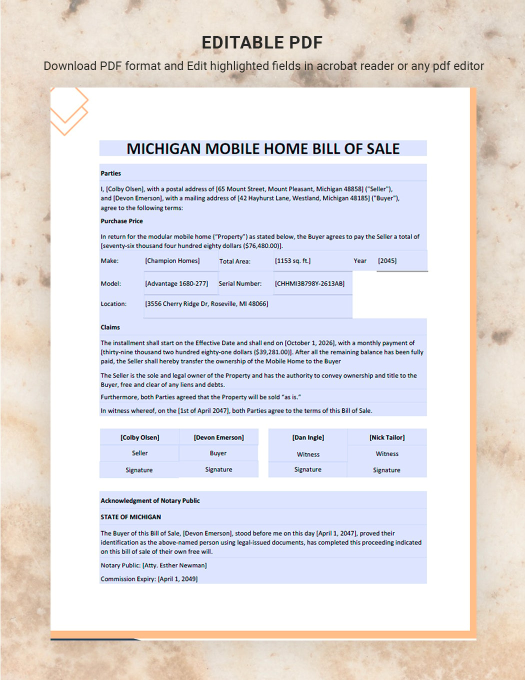 Michigan Mobile Home Bill of Sale Template