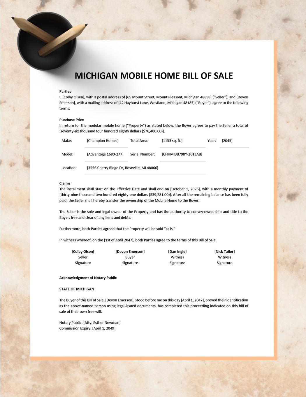 Michigan Mobile Home Bill of Sale Template