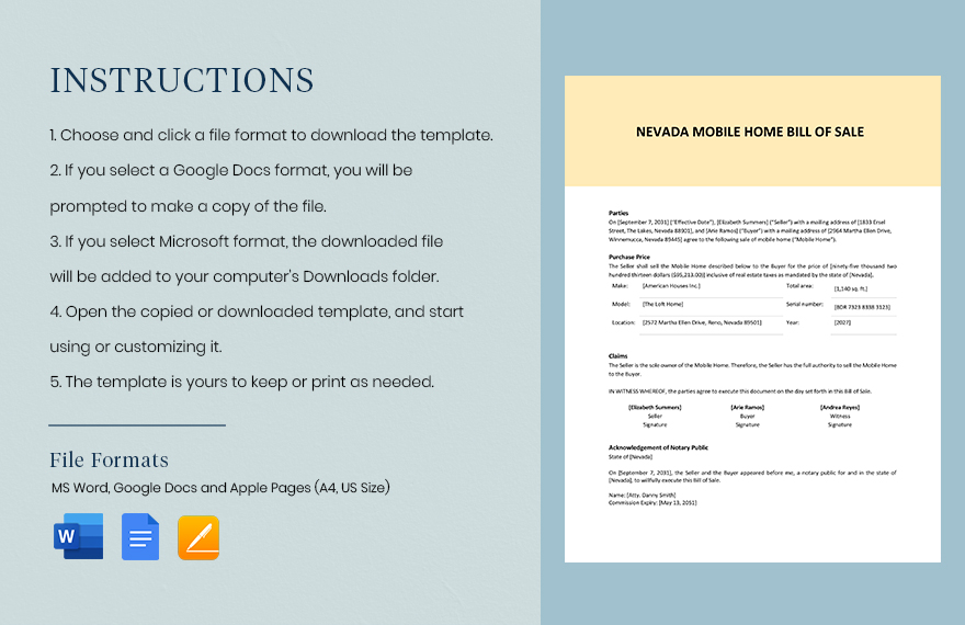Nevada Mobile Home Bill Of Sale Template
