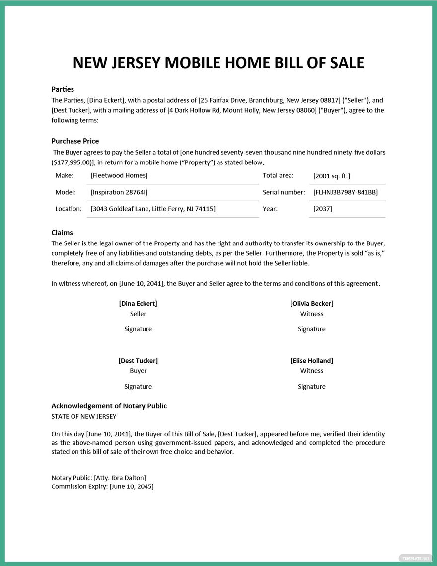 New Jersey Mobile Home Bill Of Sale Template Google Docs Word PDF 