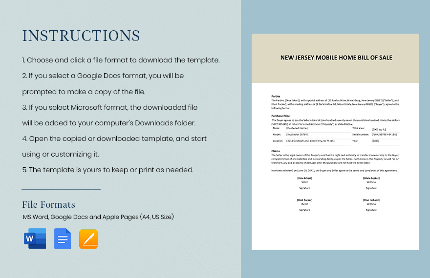 New Jersey Mobile Home Bill Of Sale Template