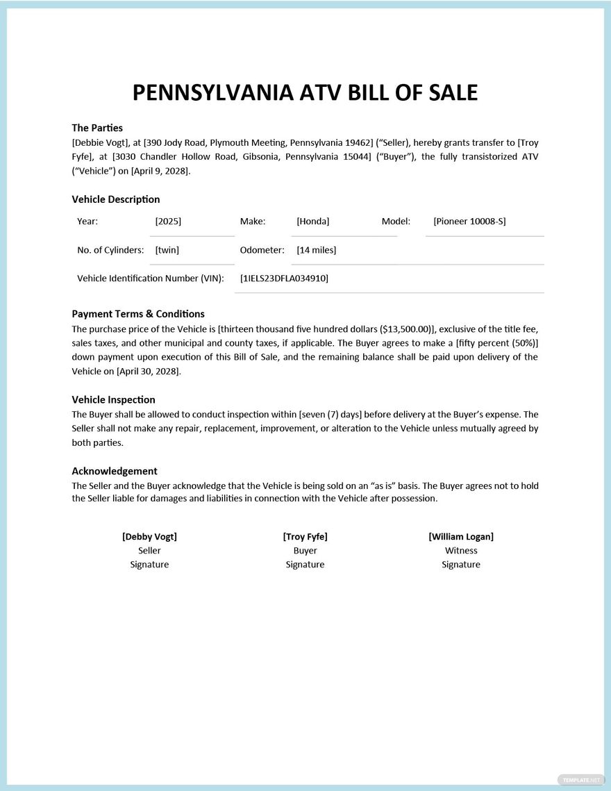 Pennsylvania ATV Bill Of Sale Template Google Docs, Word, PDF
