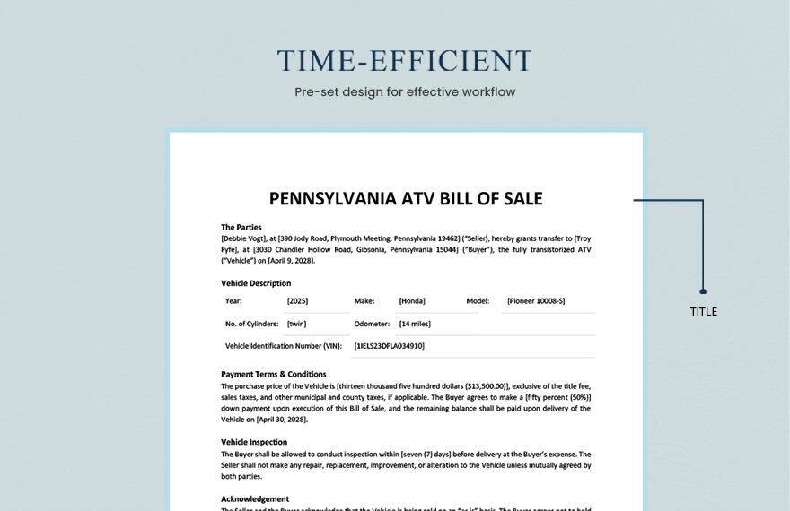 Pennsylvania ATV Bill Of Sale Template
