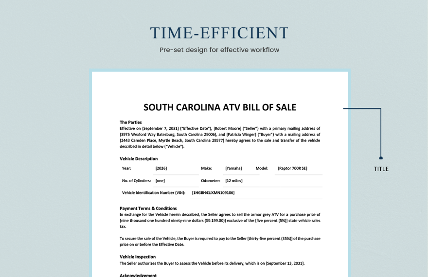 South Carolina ATV Bill Of Sale Template