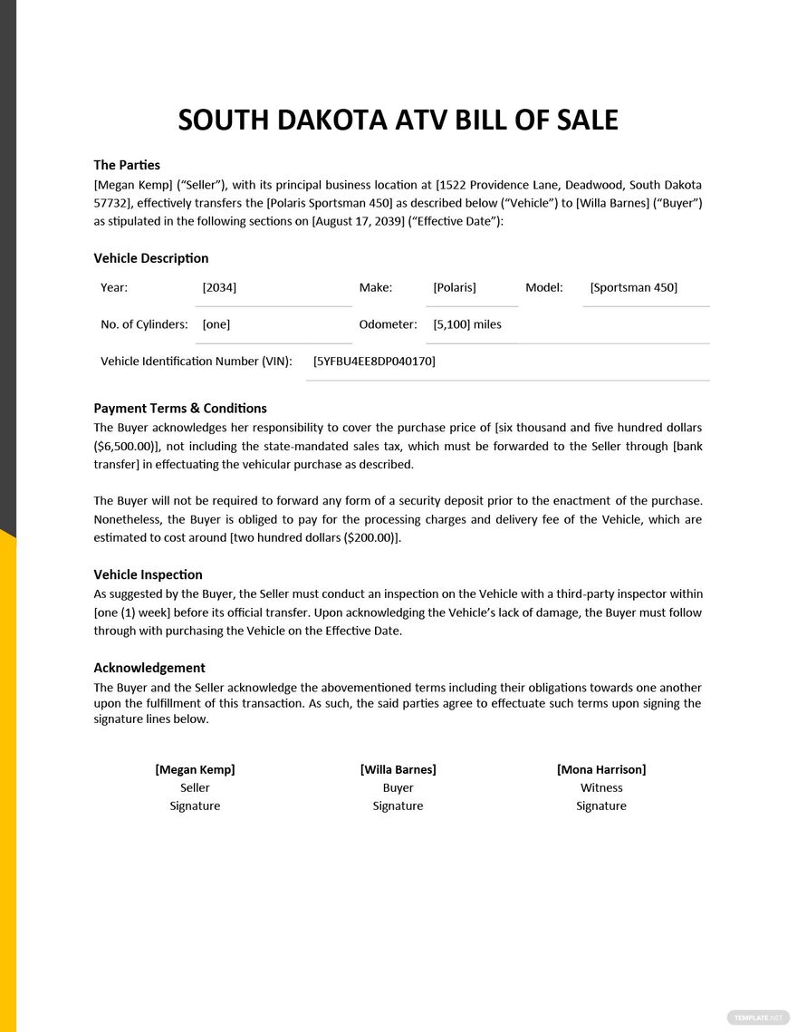 South Dakota ATV Bill Of Sale Template Google Docs Word PDF