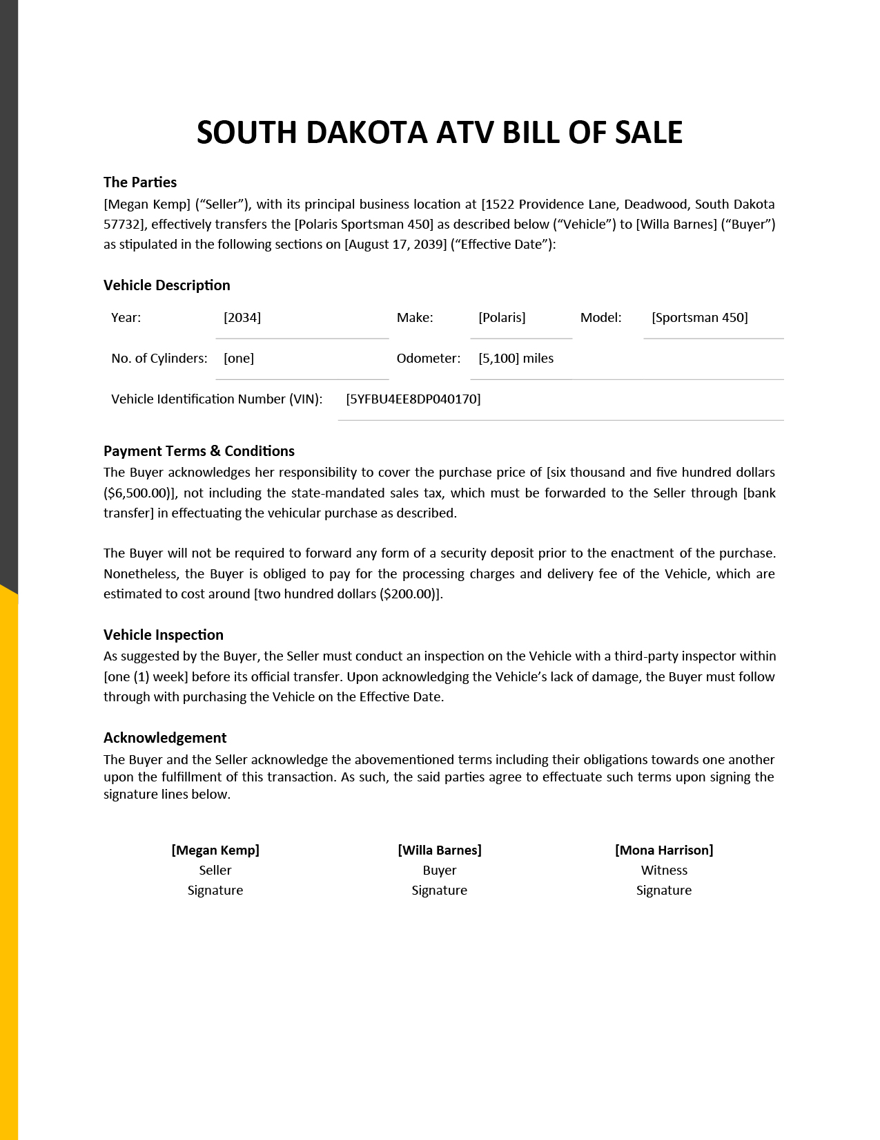 South Dakota ATV Bill Of Sale Template Google Docs, Word, PDF