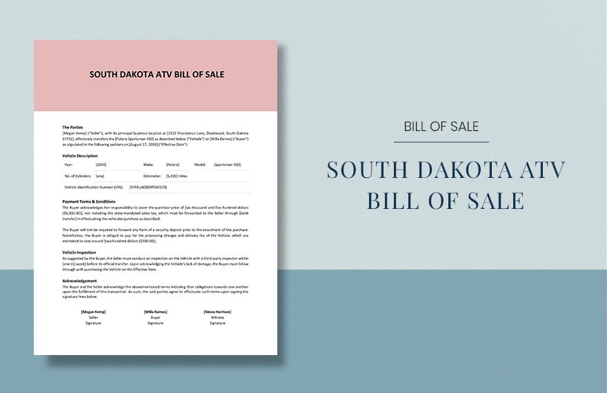 South Dakota ATV Bill Of Sale Template