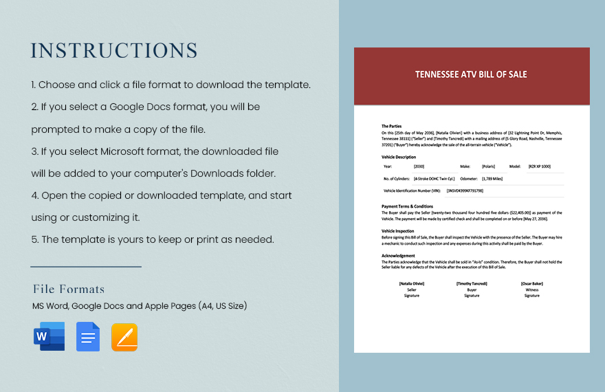 Tennessee ATV Bill Of Sale Form Template
