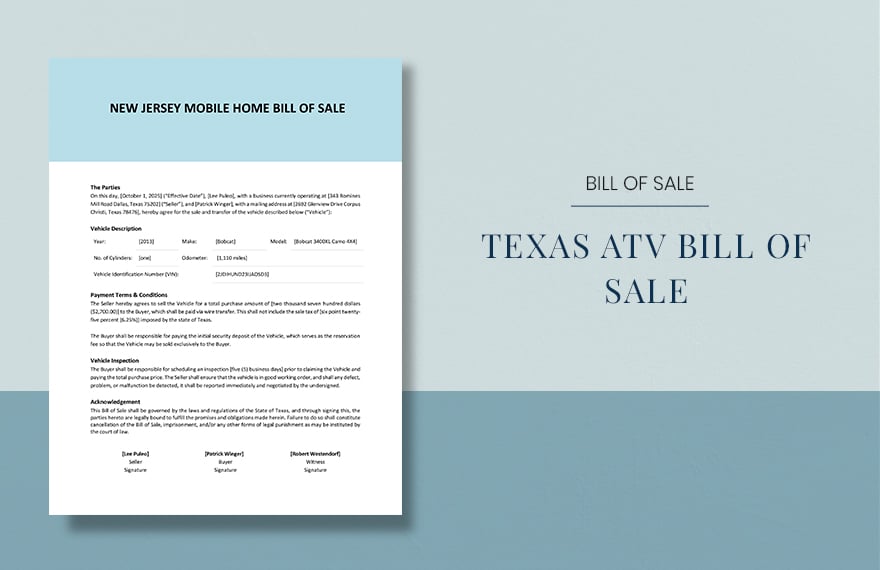 Texas ATV Bill Of Sale Template
