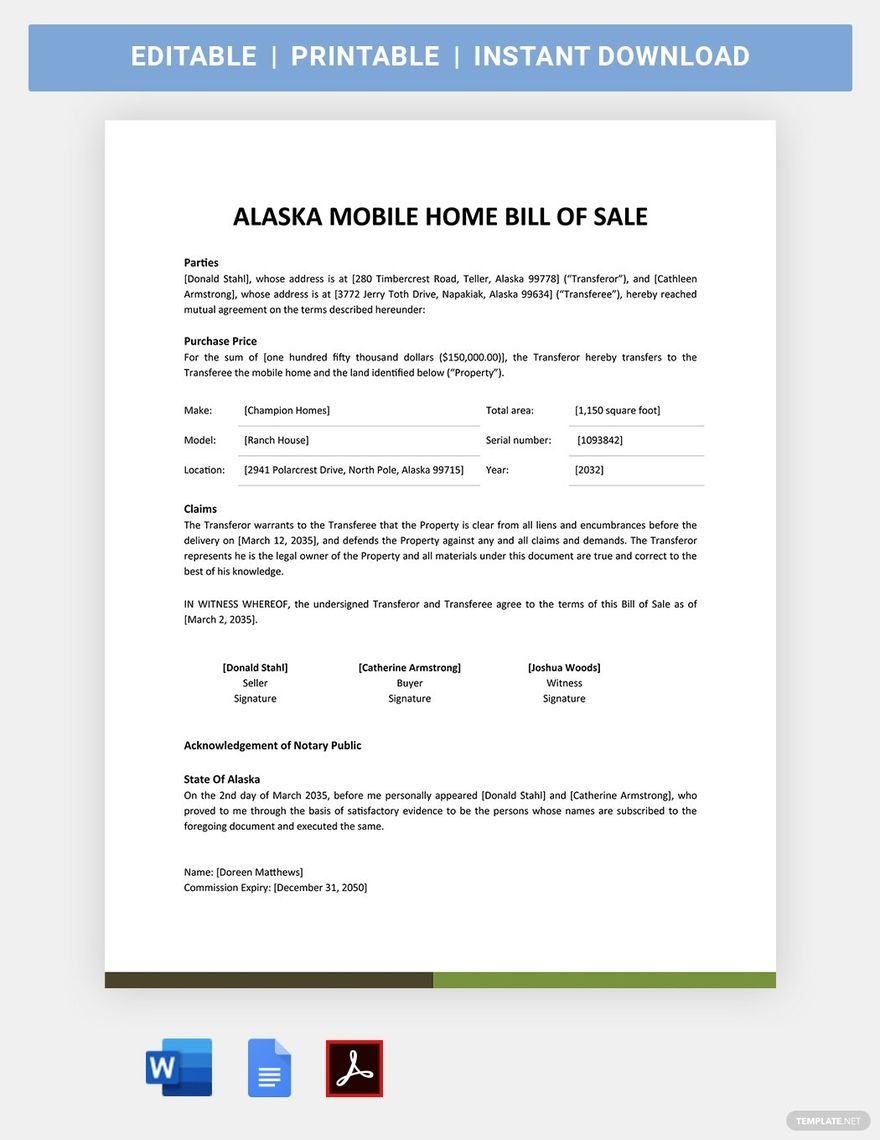 Alaska Mobile Home Bill Of Sale Template