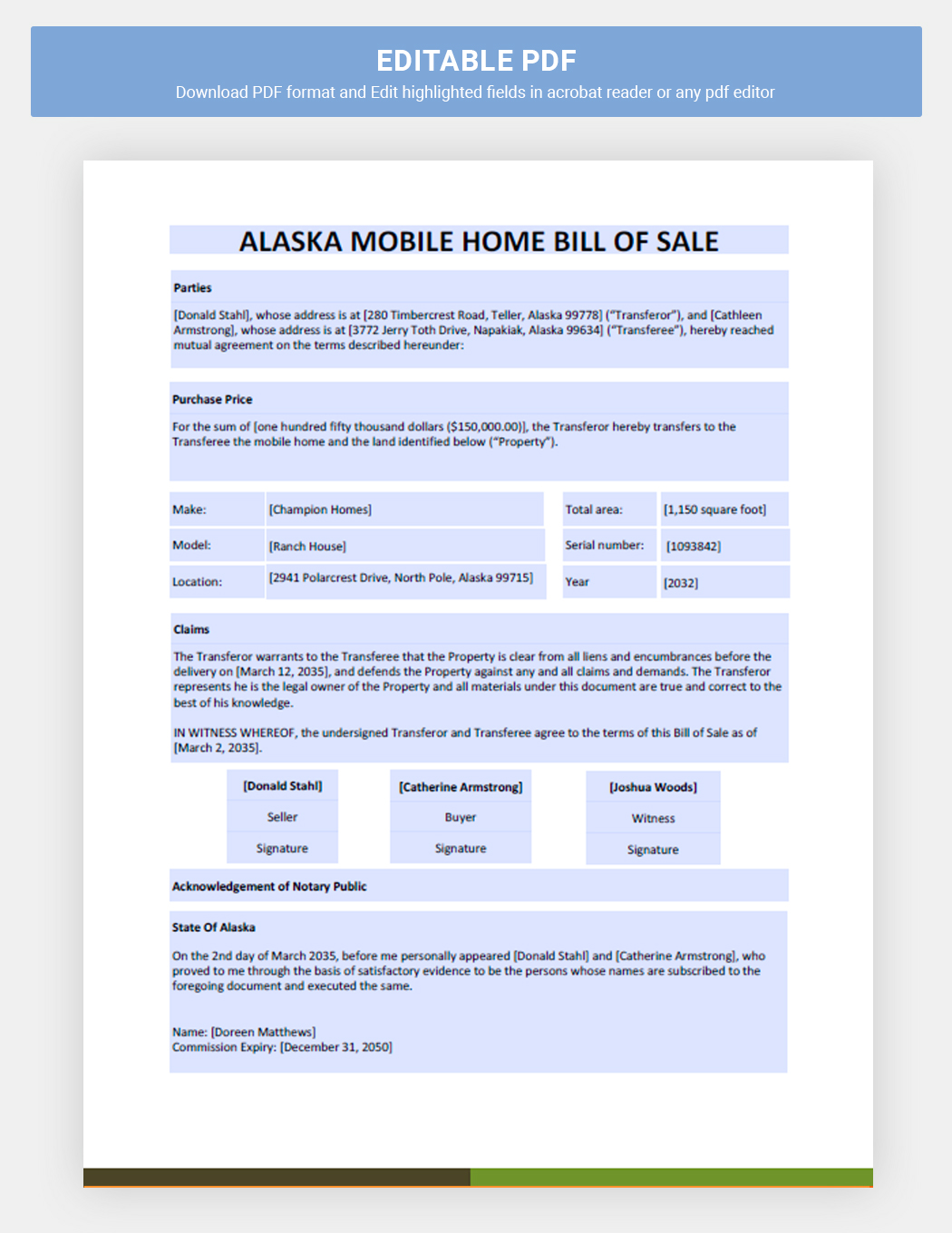 Alaska Mobile Home Bill Of Sale Template