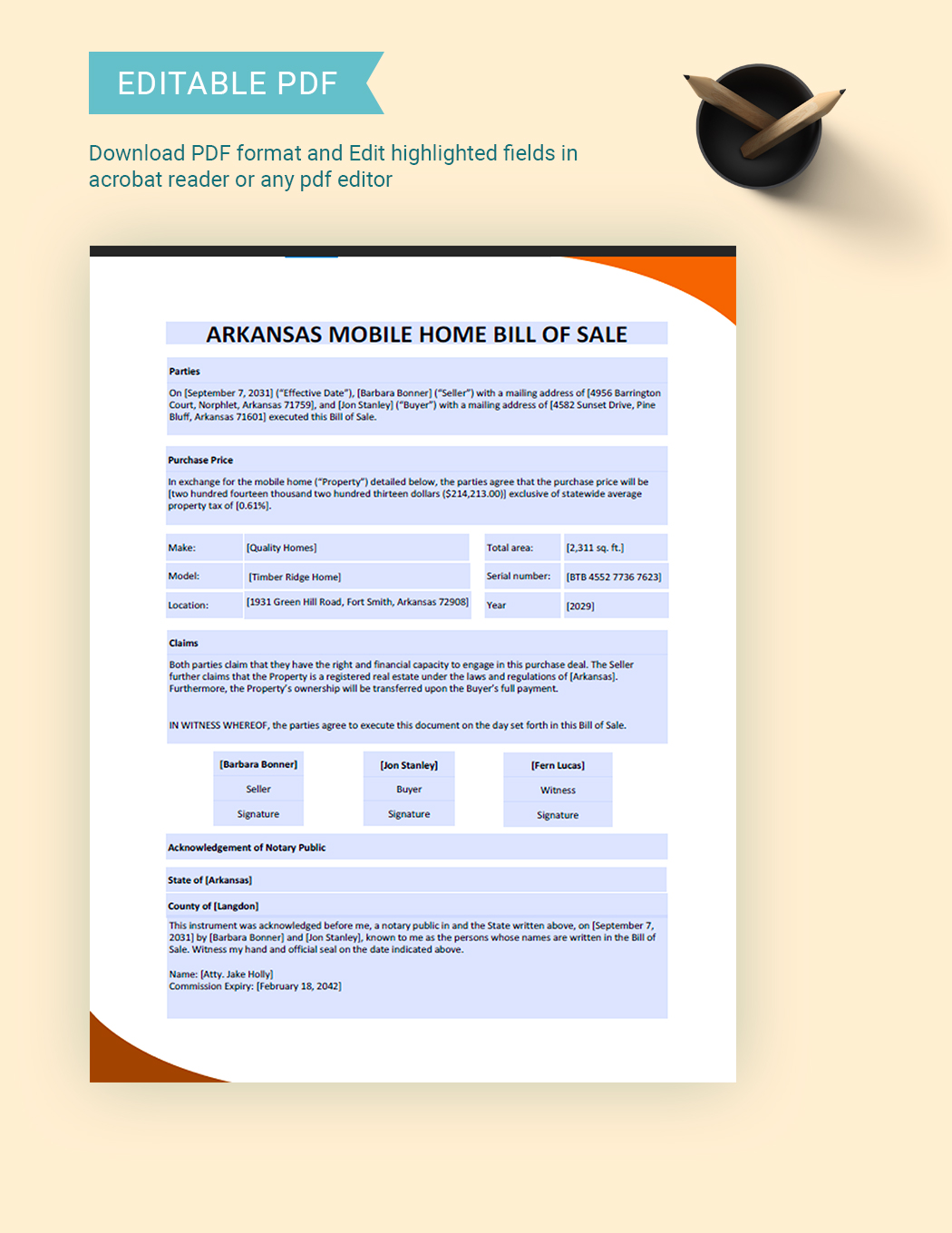 Arkansas Mobile Home Bill Of Sale Template