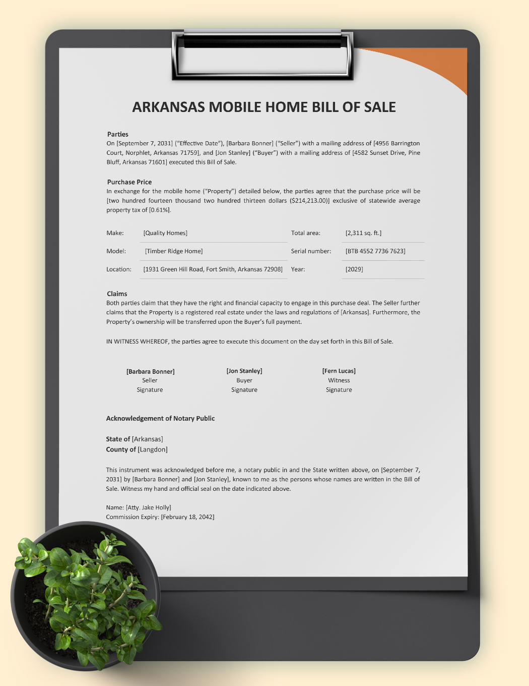 Arkansas Mobile Home Bill Of Sale Template