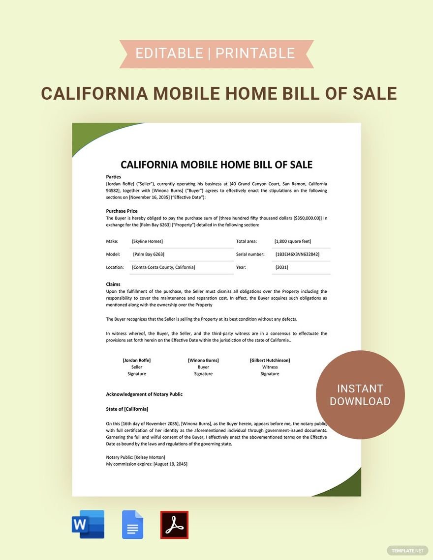 California Mobile Home Bill Of Sale Template