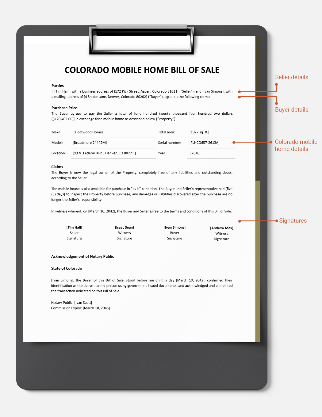 Colorado Mobile Home Bill Of Sale Template