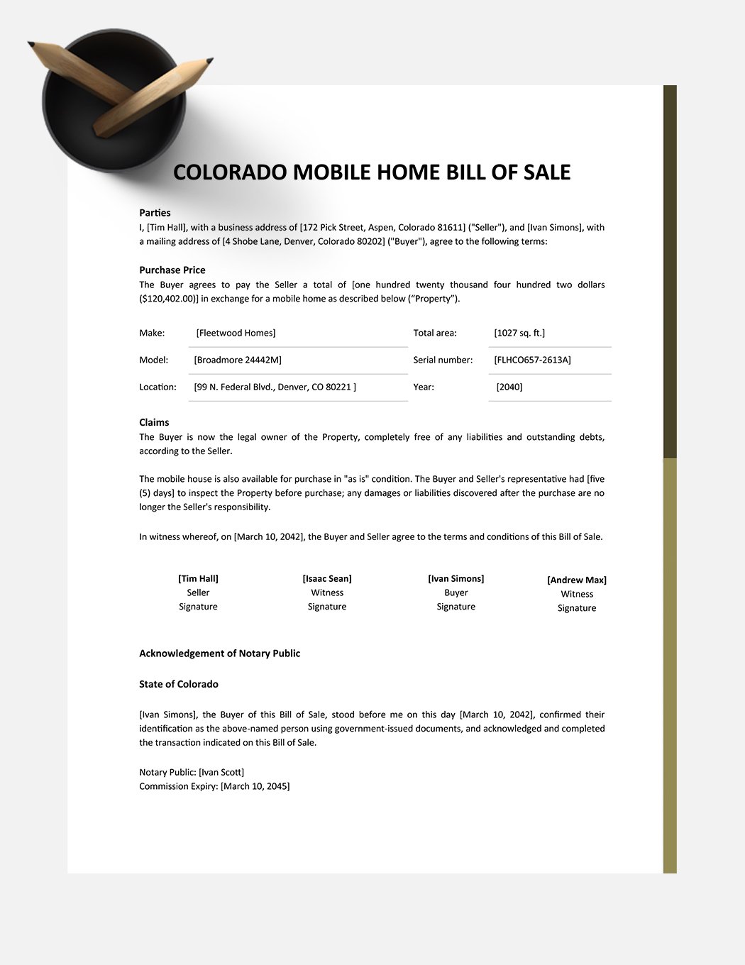 Colorado Mobile Home Bill Of Sale Template