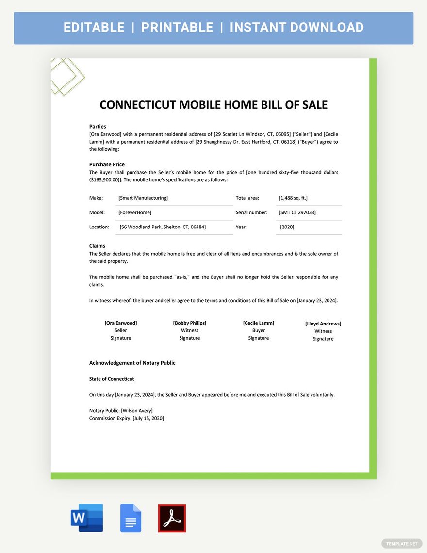 Connecticut Mobile Home Bill Of Sale Template