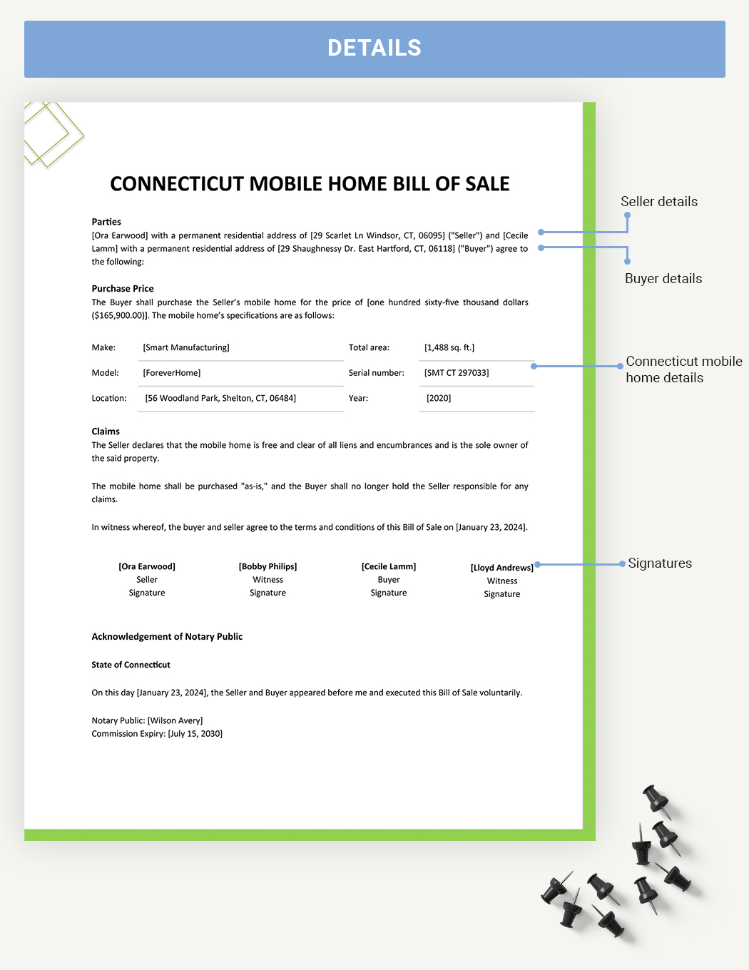 Connecticut Mobile Home Bill Of Sale Template