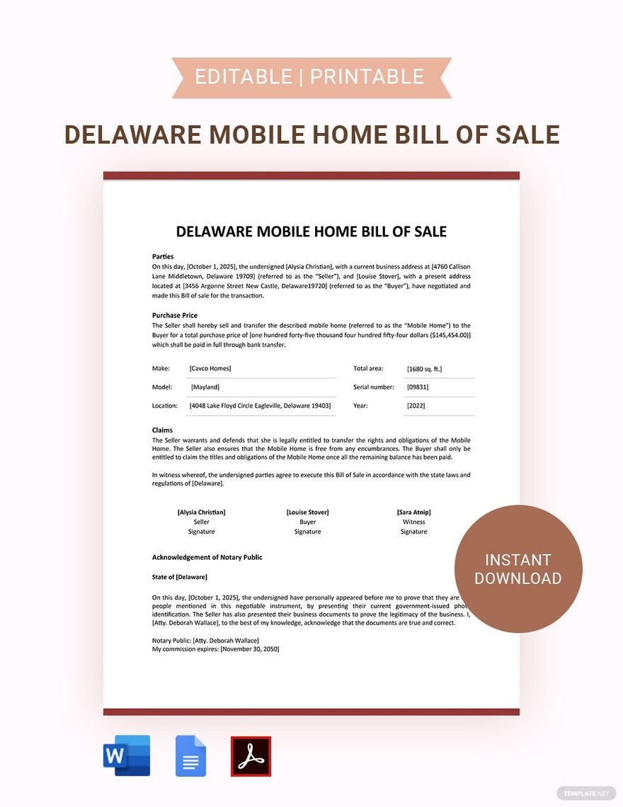 Delaware Mobile Home Bill Of Sale Template