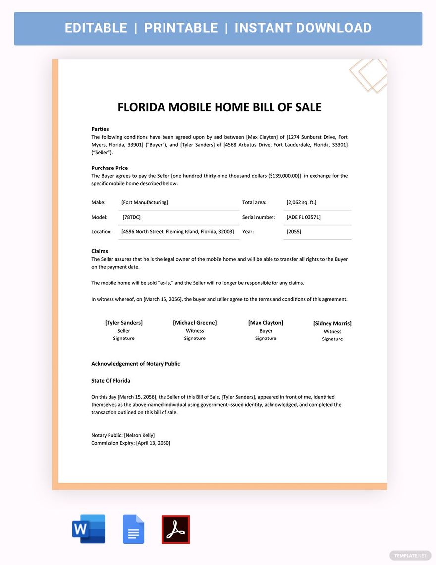 Florida Mobile Home Bill Of Sale Template
