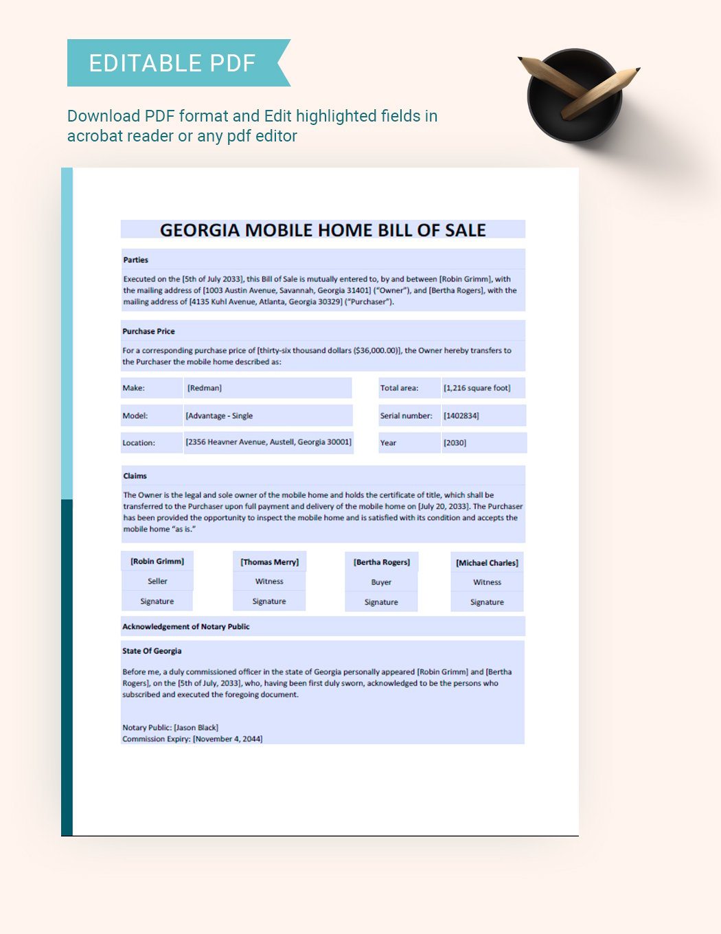 Georgia Mobile Home Bill Of Sale Template