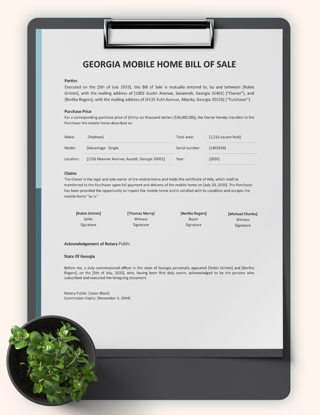 Georgia Mobile Home Bill Of Sale Template