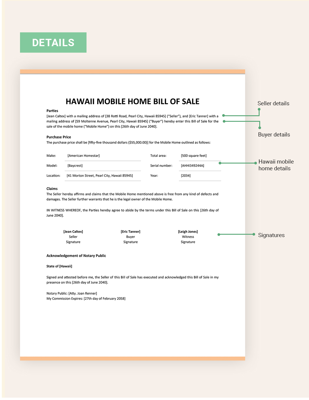 Hawaii Mobile Home Bill Of Sale Form Template