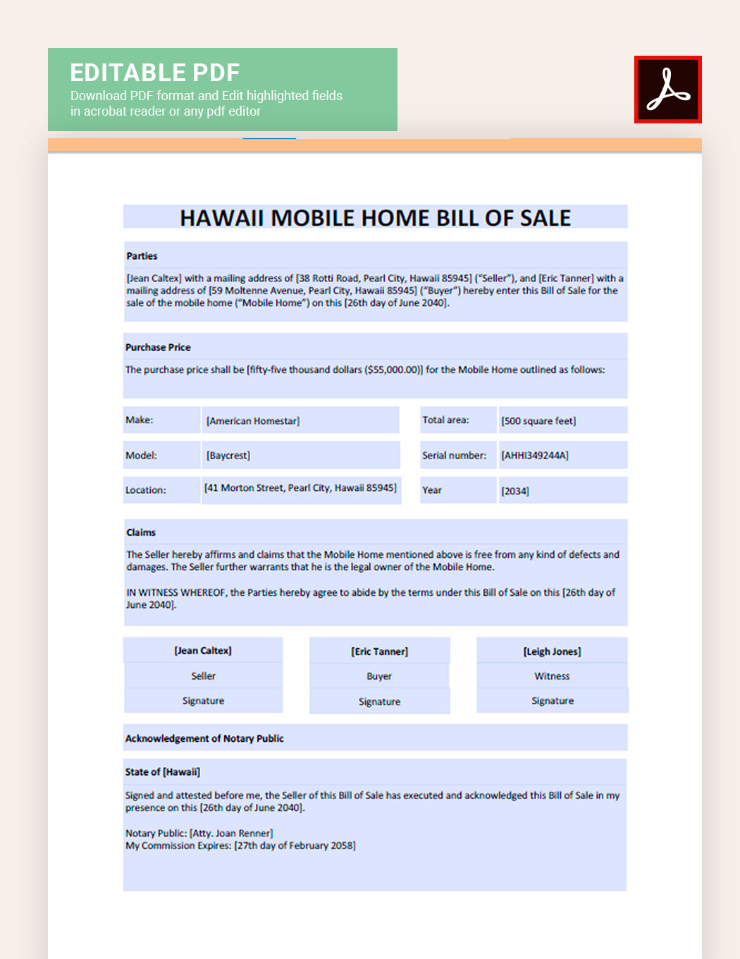 Hawaii Mobile Home Bill Of Sale Form Template in Google Docs Word PDF