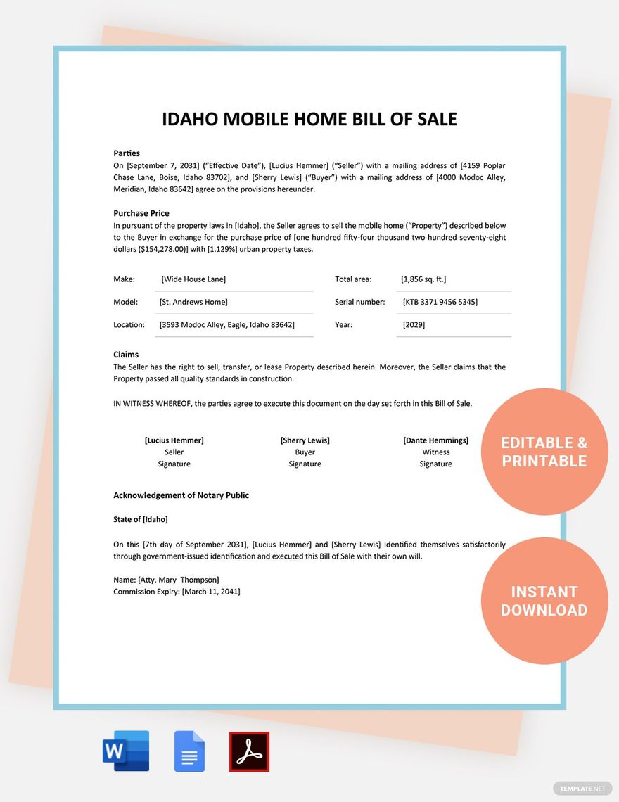 Idaho Mobile Home Bill Of Sale Template