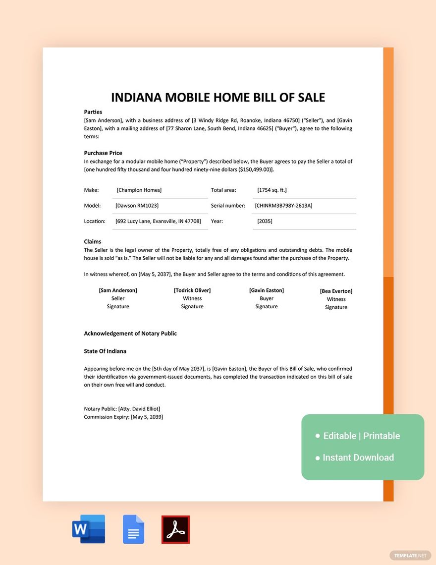 Indiana Mobile Home Bill Of Sale Template