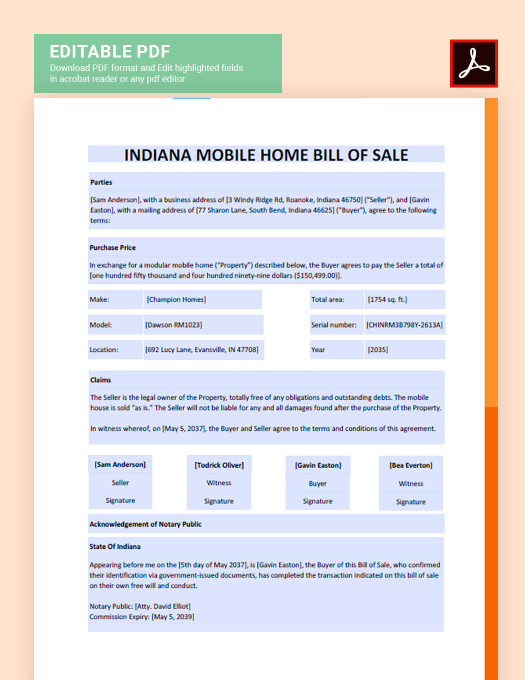 Indiana Mobile Home Bill Of Sale Template