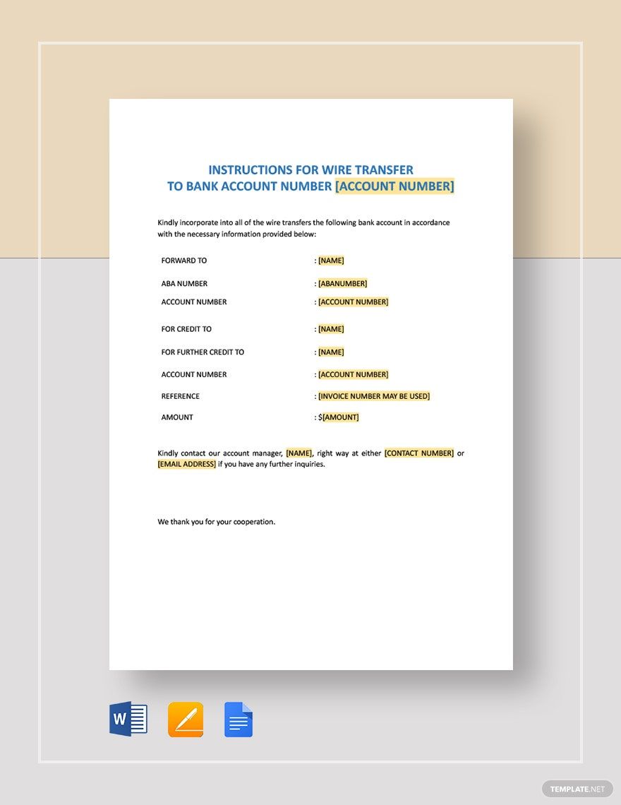 Sample Wire Transfer Instructions Form Template Word, Google Docs