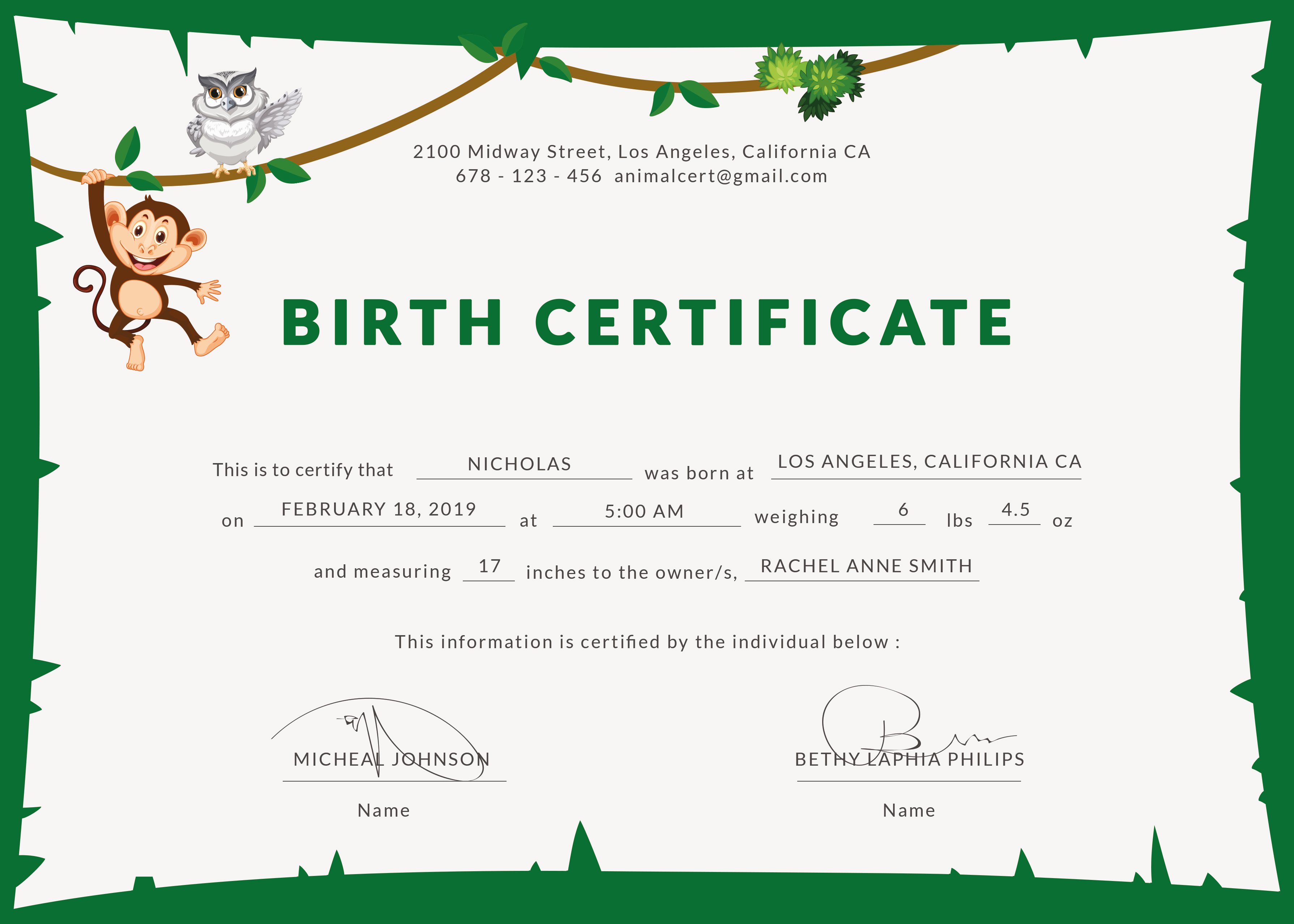 Free Animal Birth Certificate Template in PSD MS Word Publisher