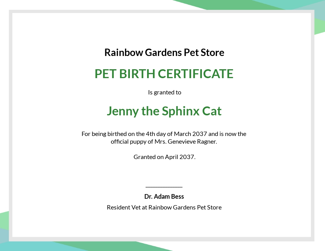 Animal Birth Certificate Template - Google Docs, Illustrator, InDesign, Word, Apple Pages, PSD, Publisher