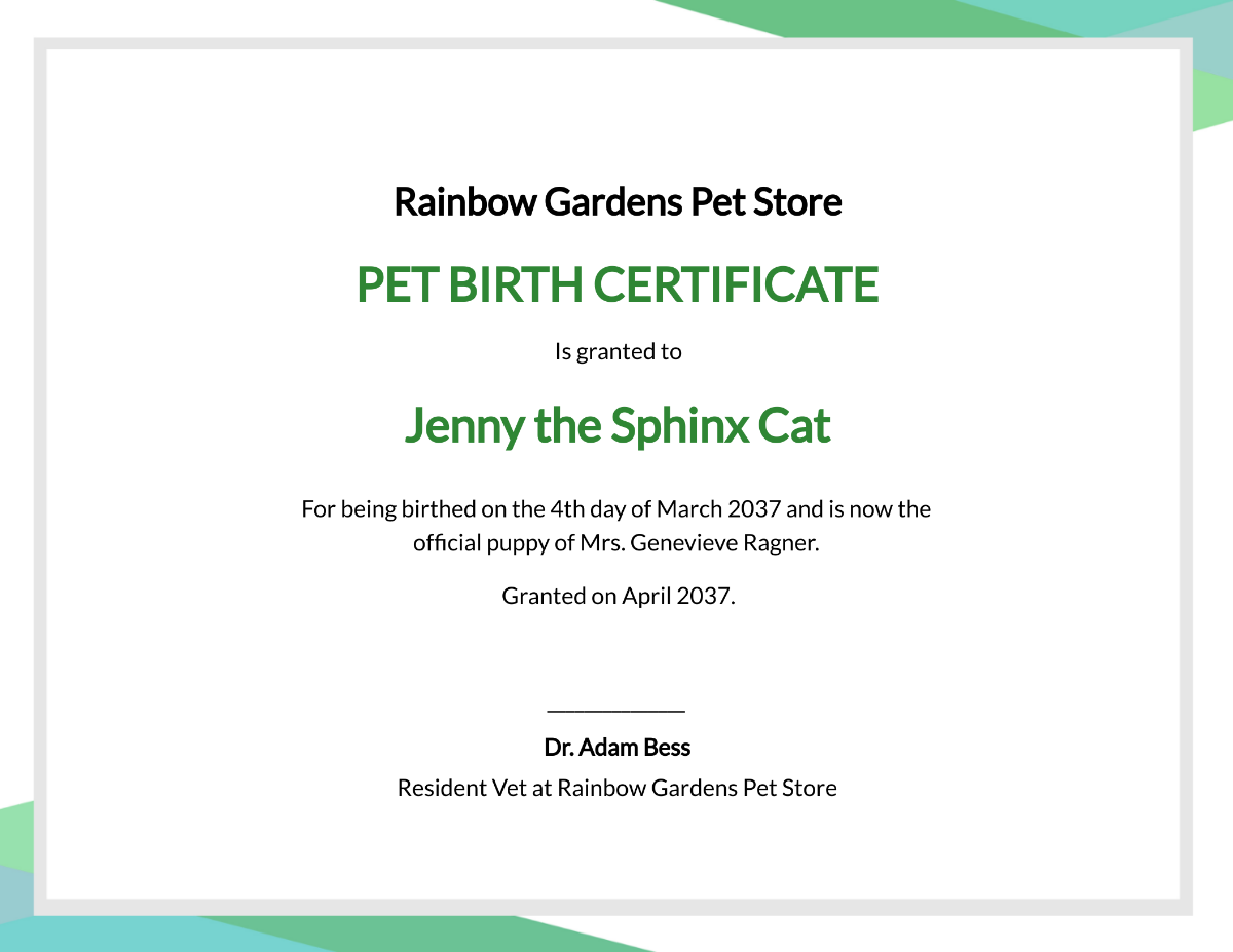 Animal Birth Certificate Template