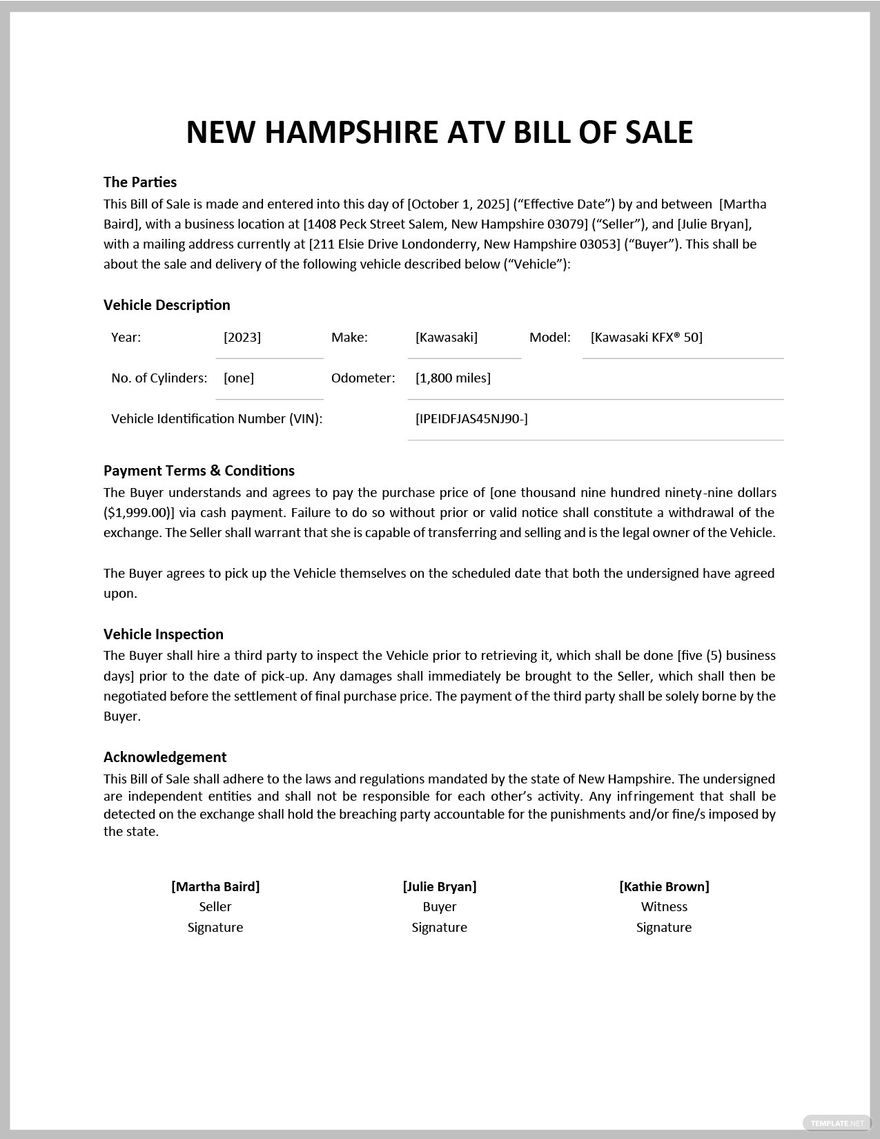 Nh Vehicle Bill Of Sale Template