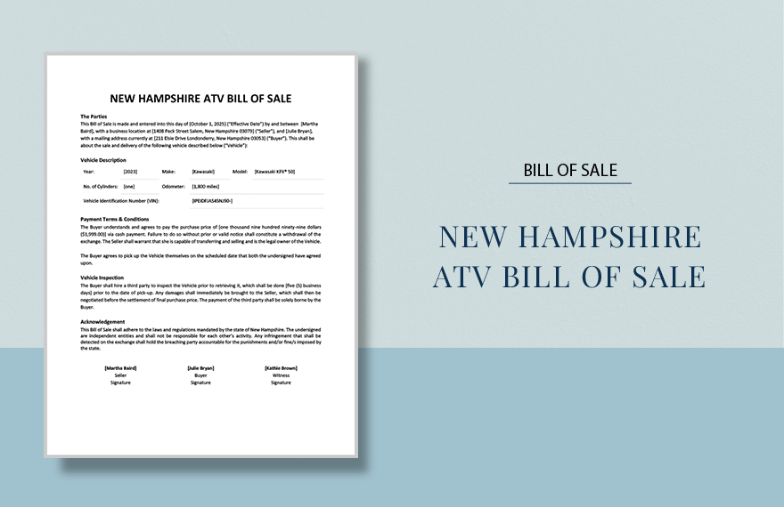New Hampshire ATV Bill Of Sale Template