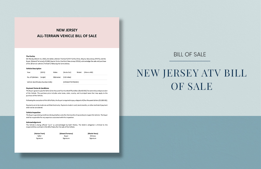 New Jersey ATV Bill Of Sale Template