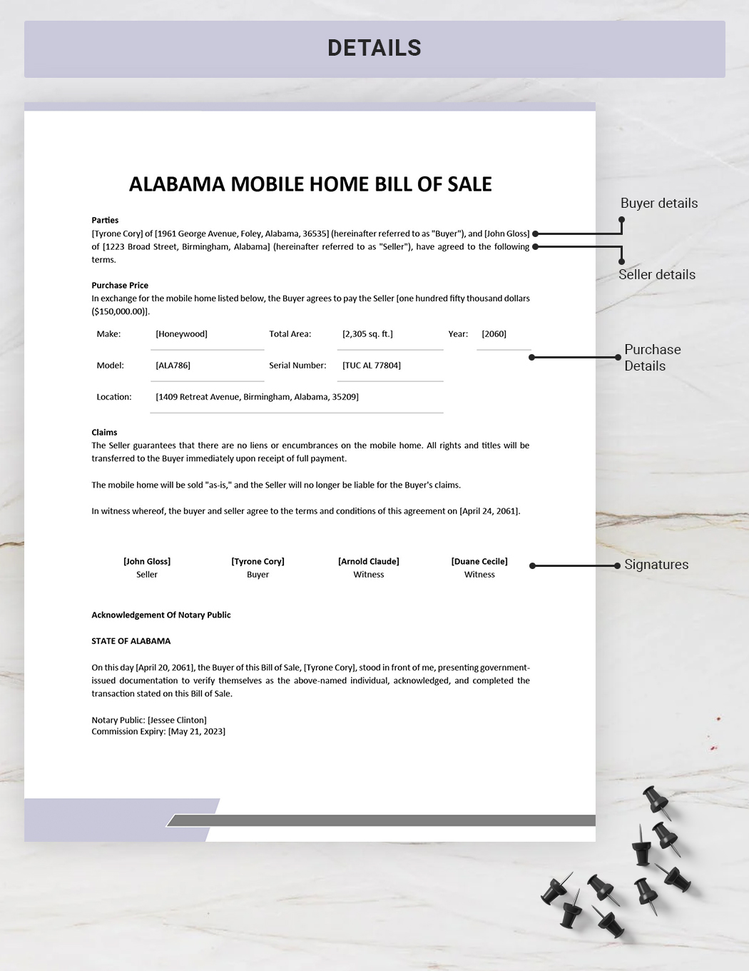 Alabama Mobile Home Bill of Sale Template