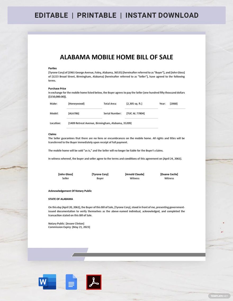 Alabama Mobile Home Bill of Sale Template