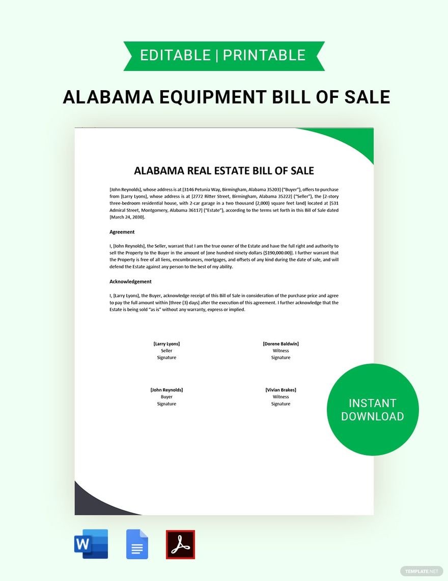 Alabama Real Estate Bill of Sale Template in Word, Google Docs, PDF